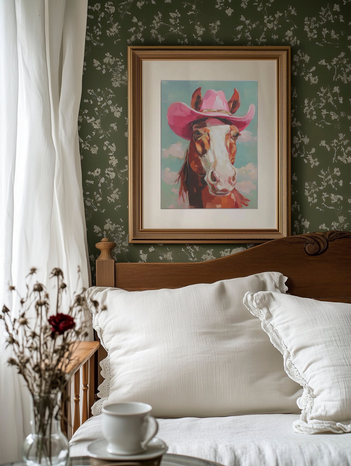 Pink Cowgirl Rides Through Turquoise Skies