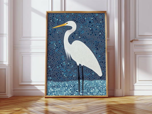 Elegant White Egret – Mosaic-Inspired Bird Wall Art