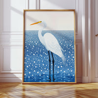 White Egret in Snowfall – Elegant Minimalist Bird Wall Art
