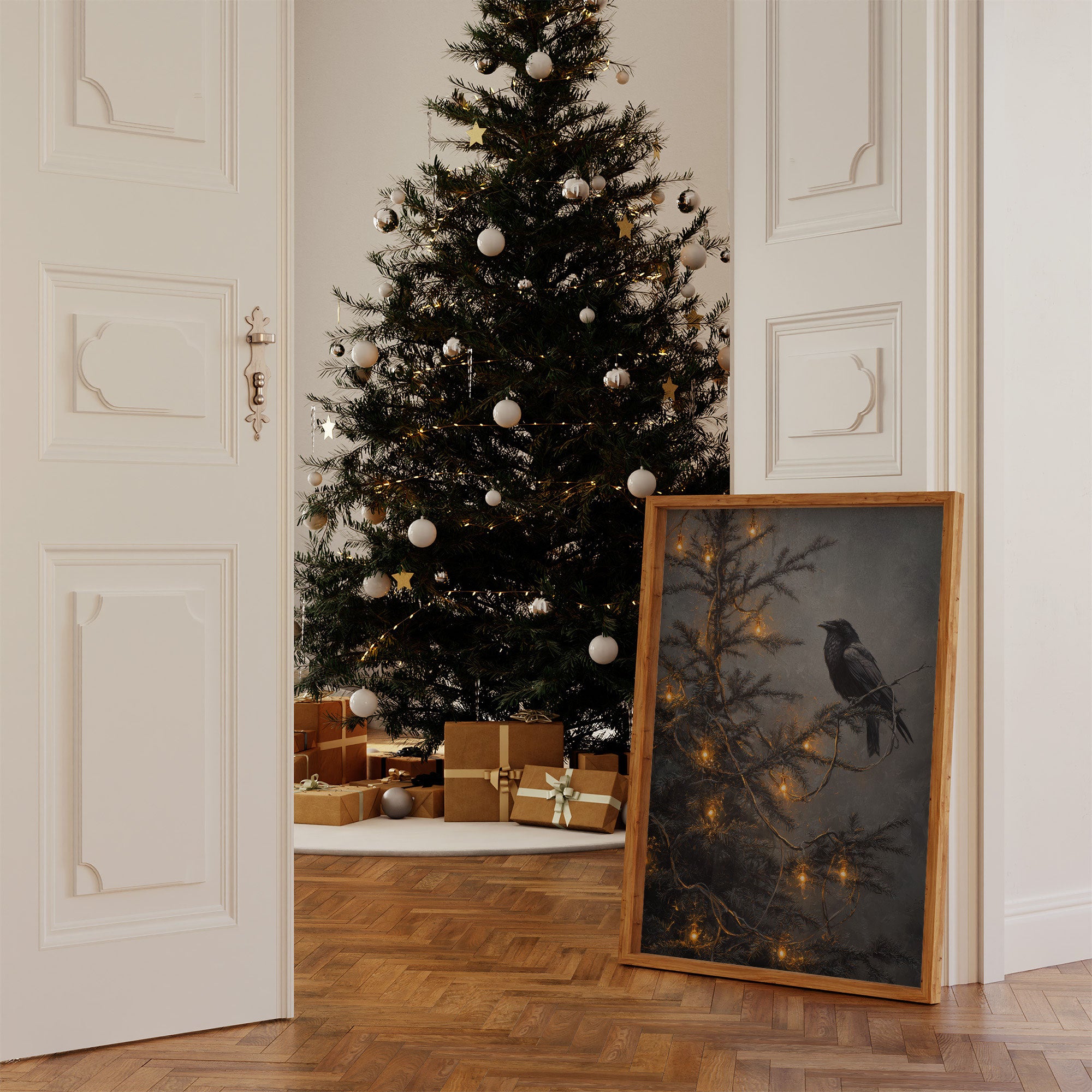 Raven Perches Among Winter Lights