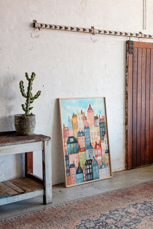 Colorful City Rowhouses Watercolor Print