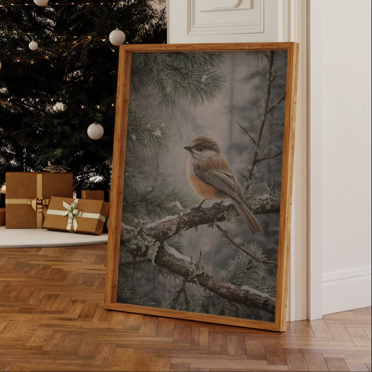 Winter Songbird Perches Among Pines