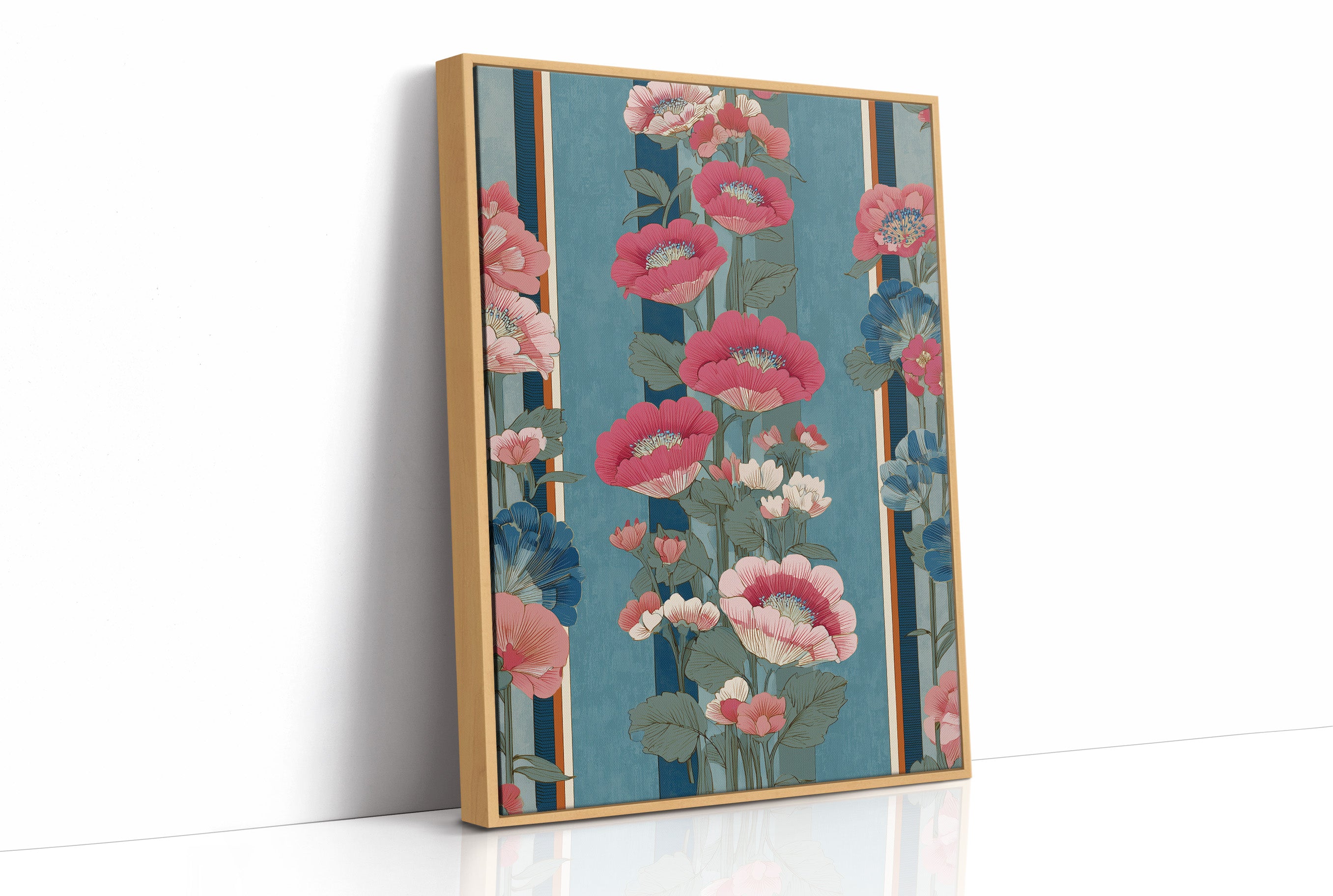 Hot Pink Blooms on Faded Blue