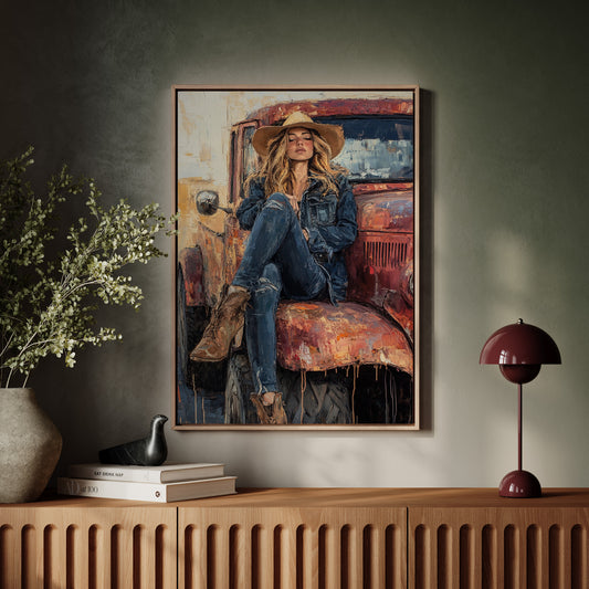 Cowgirl Resting on Rusted Truck