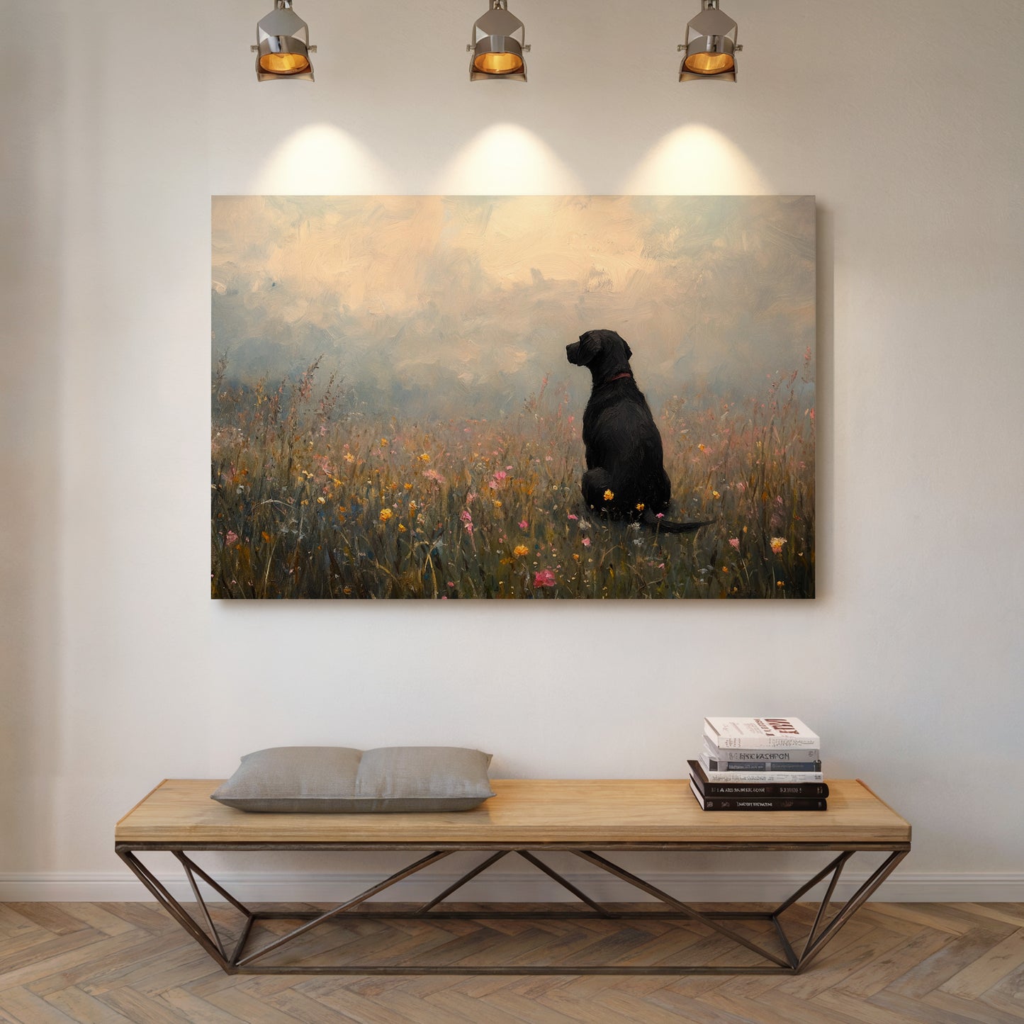 Serene Black Lab in Wildflowers – Rustic Dog Art Print