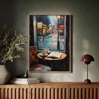 Cozy Rainy Cafe Scene – Atmospheric Coffee Shop Window Wall Art