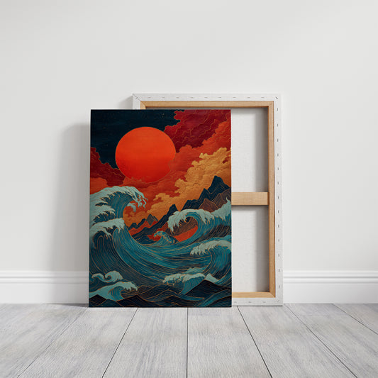 Ocean Flames Dance Under Crimson Moon