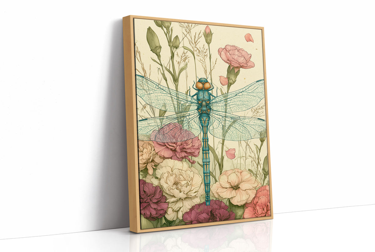 Dragonfly Among Carnations — Garden Bed Botanical Print