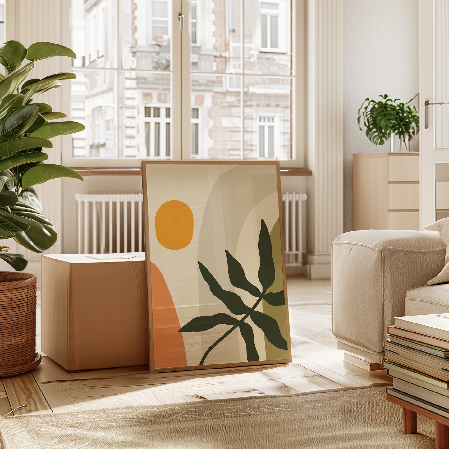 Sunlit Leaves Against Soft Curves
