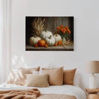 White Pumpkins Among Marigold Flames