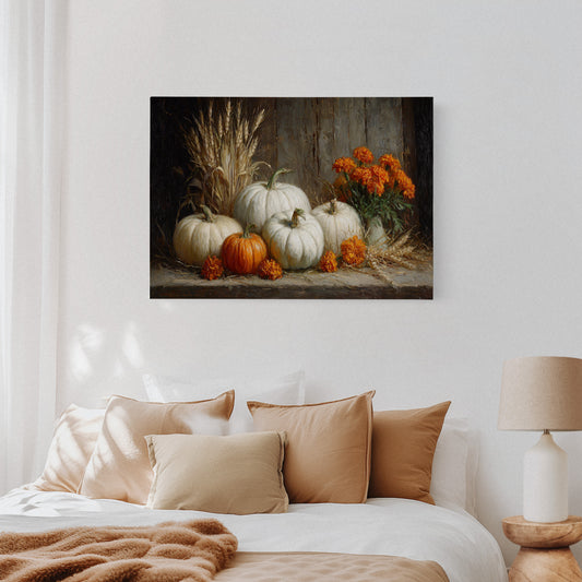 White Pumpkins Among Marigold Flames