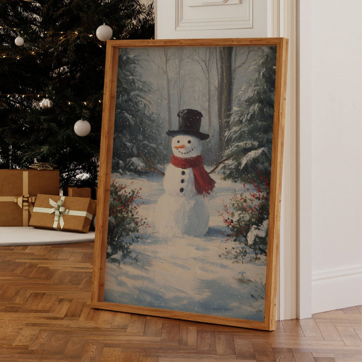 Classic Snowman in Winter Woods