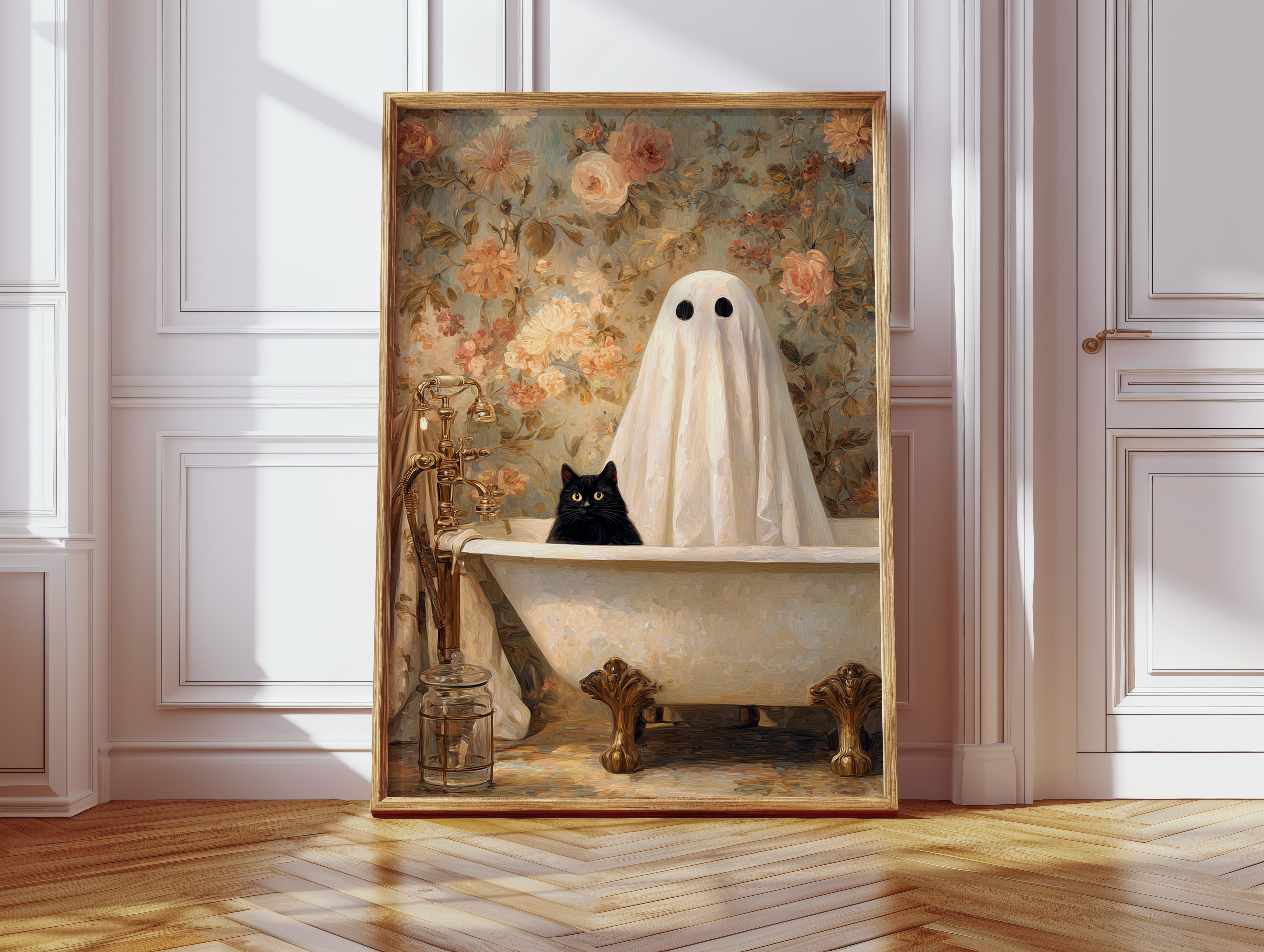 Ghostly Cat In Bathtub Canvas - Whimsical Vintage Art - Gallery Canvas image 6