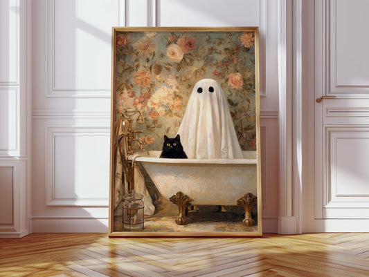 Ghostly Cat In Bathtub Canvas - Whimsical Vintage Art - Gallery Canvas image 6