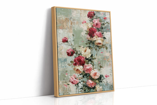 Climbing Roses on Plaster — Crimson Drip Impasto Painting