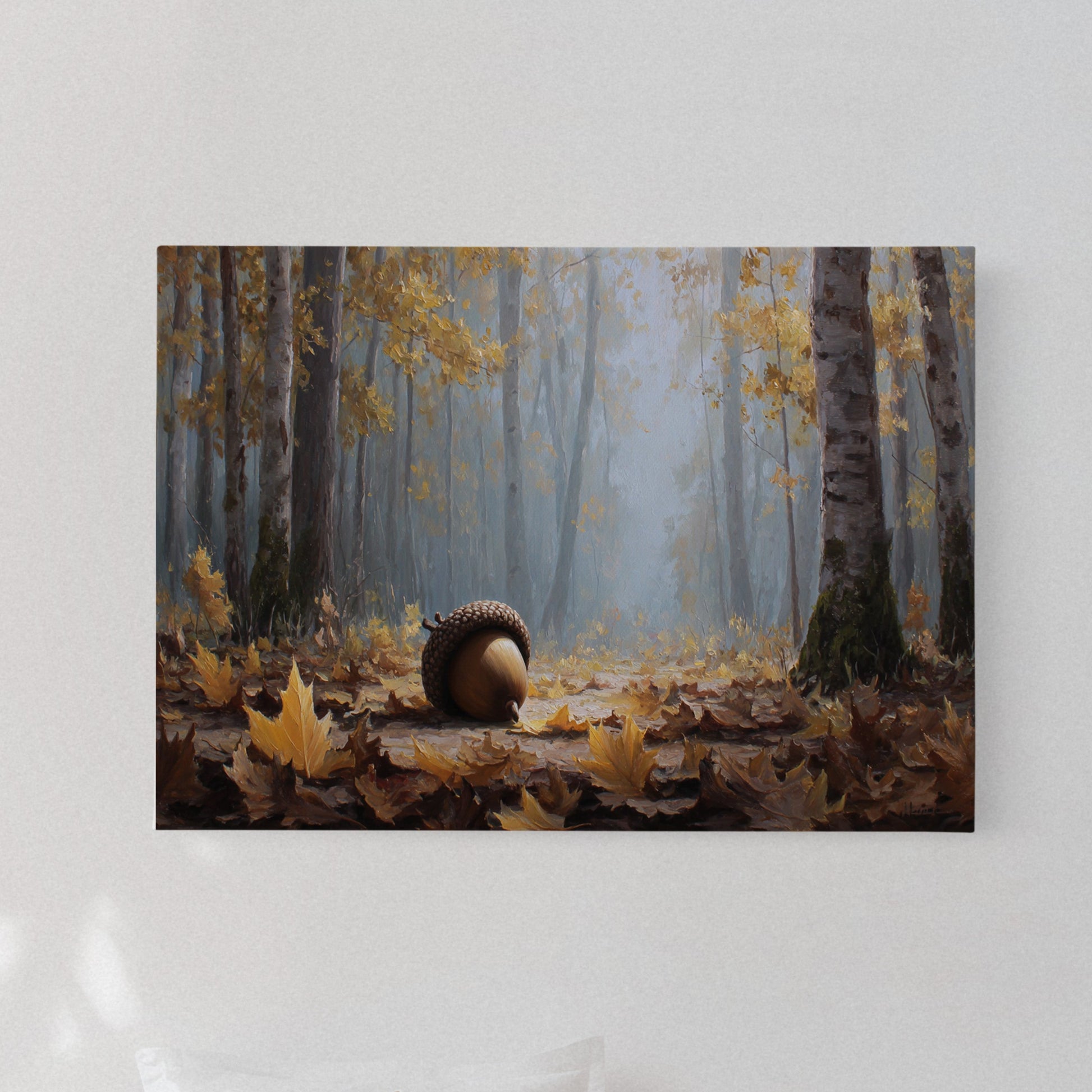 Giant Acorn Rests Among Birch Trees