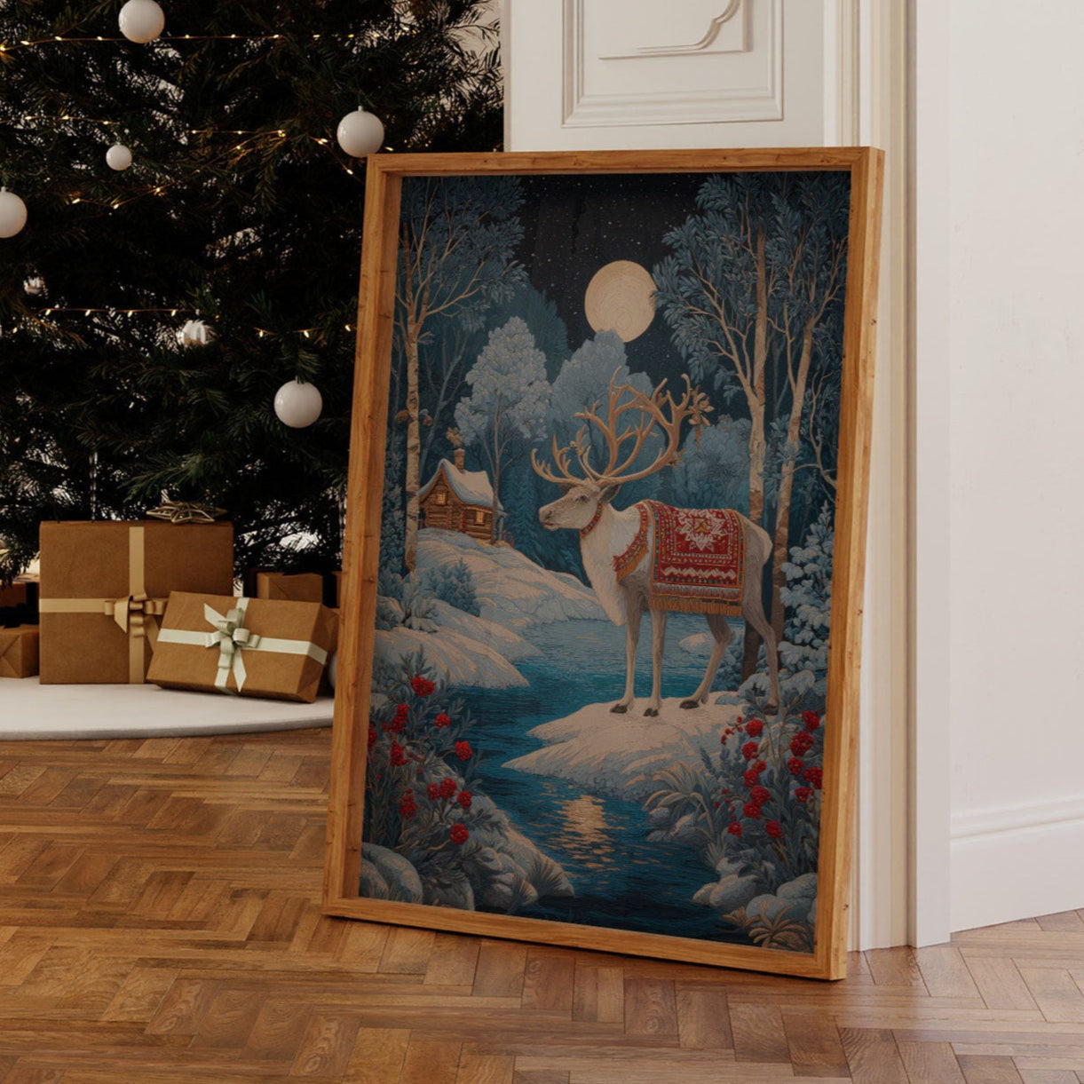 Moonlit Reindeer's Winter Tale Unfolds