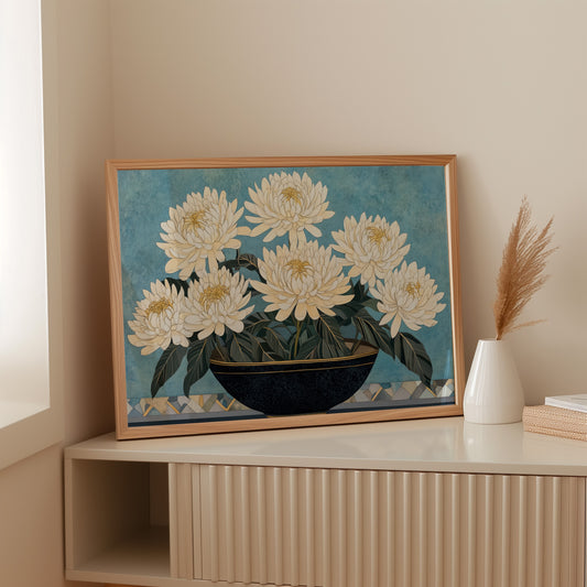 White Chrysanthemums Meet Midnight Bowl