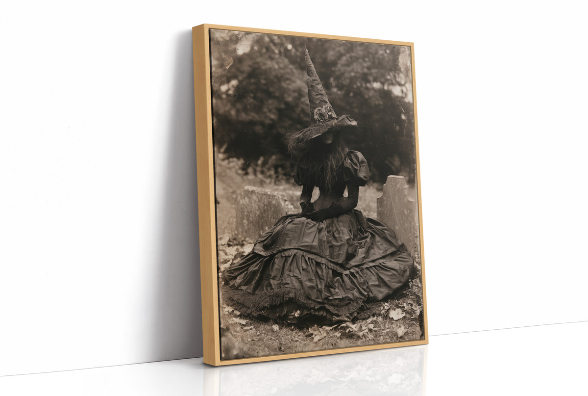 Resting Witch Face, print in a natural wood frame