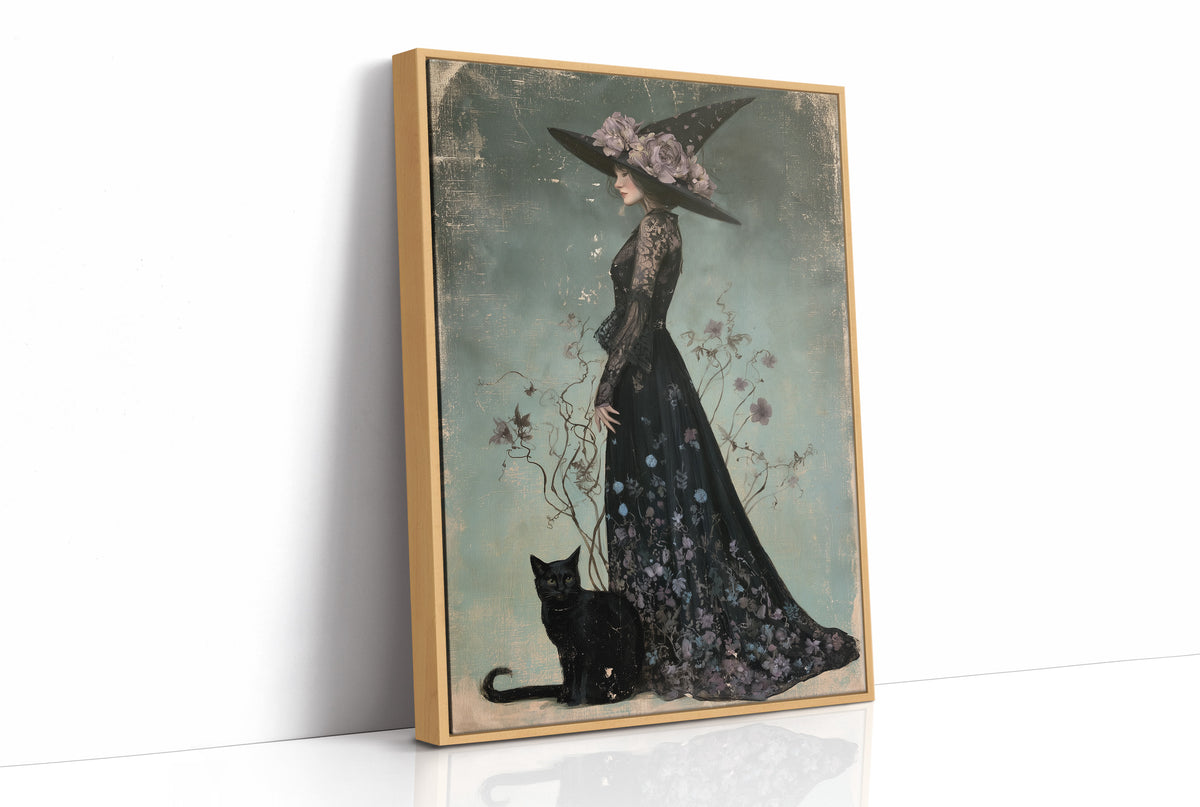 Bloom, Broom, And Feline Backup, print in a natural wood frame