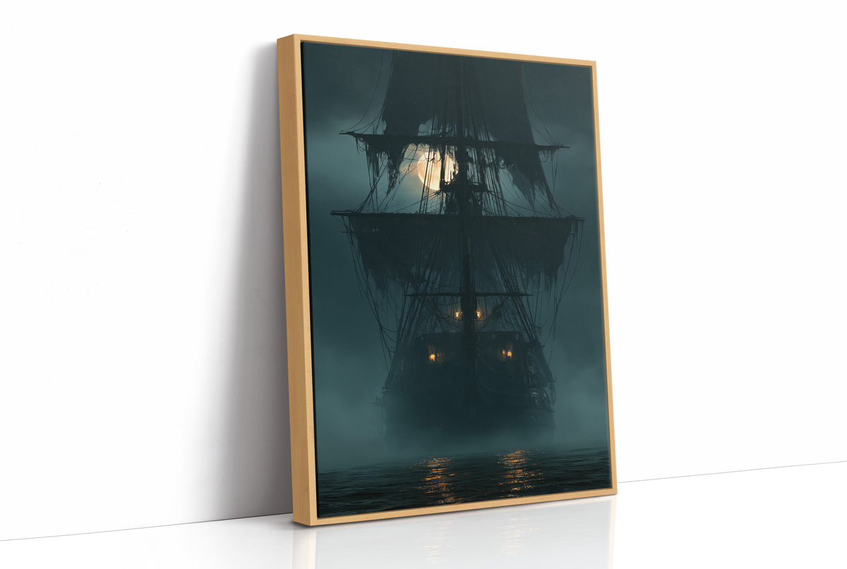Ghost Ship Arriving Fashionably Late, print in a natural wood frame