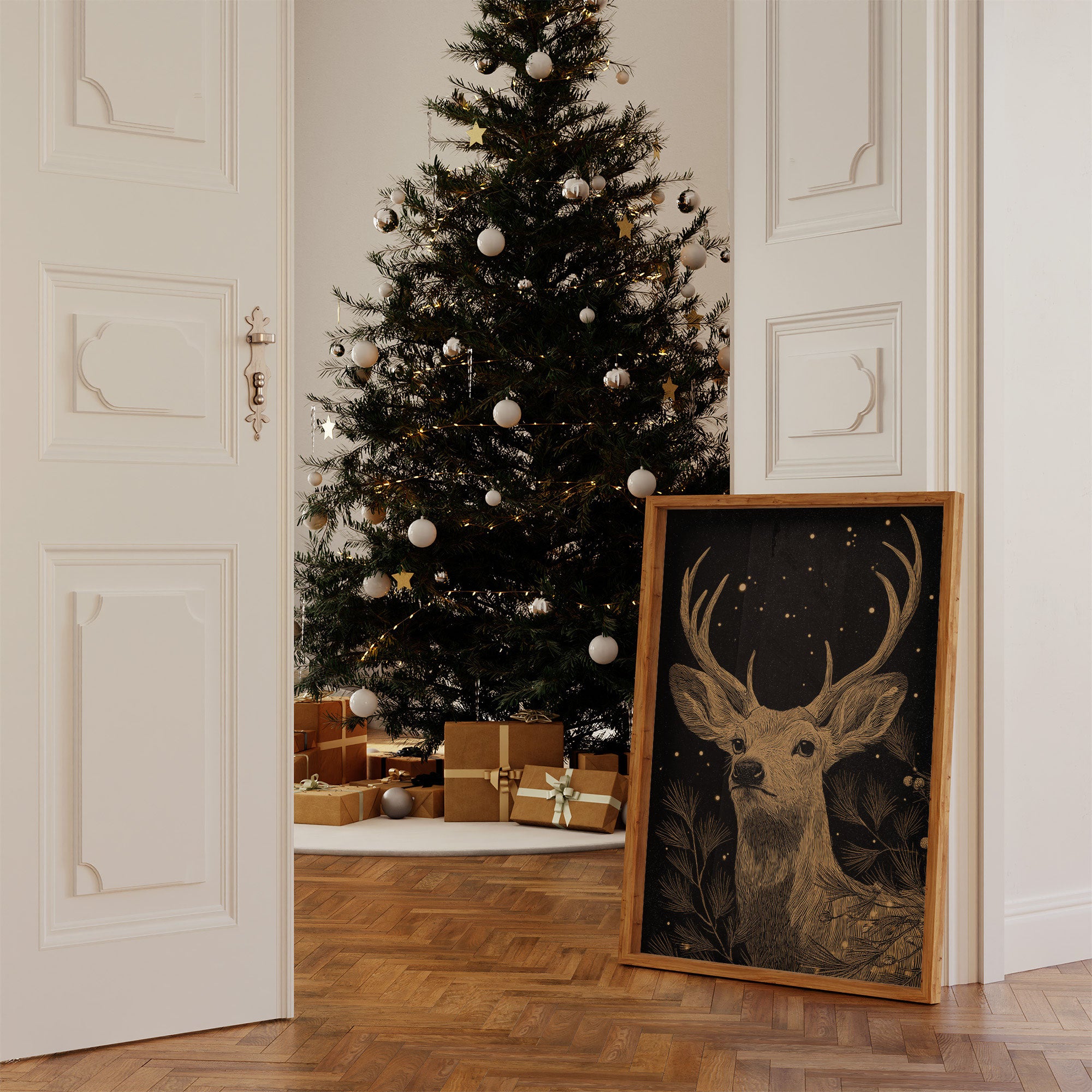 Starlit Stag Among Pine Branches