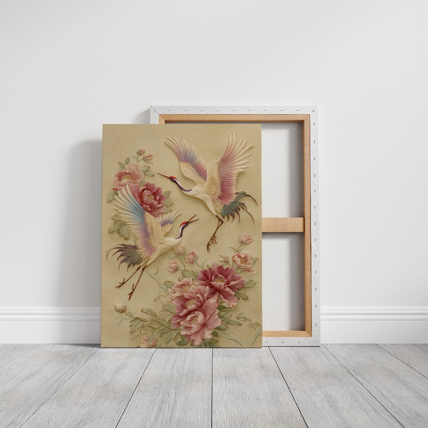 Graceful Cranes Among Peony Blooms