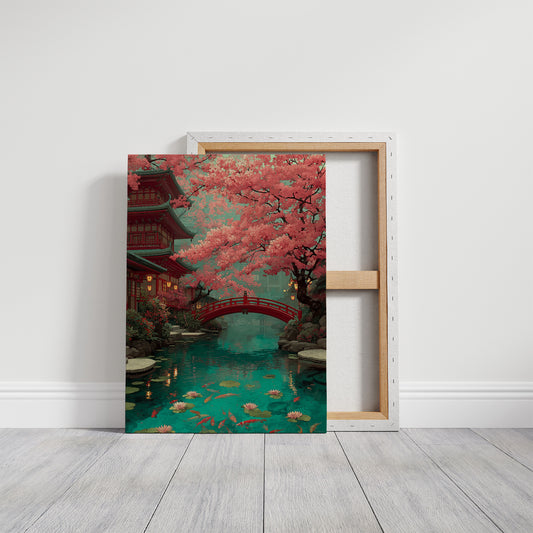 Cherry Blossoms Dance Above Koi Pond