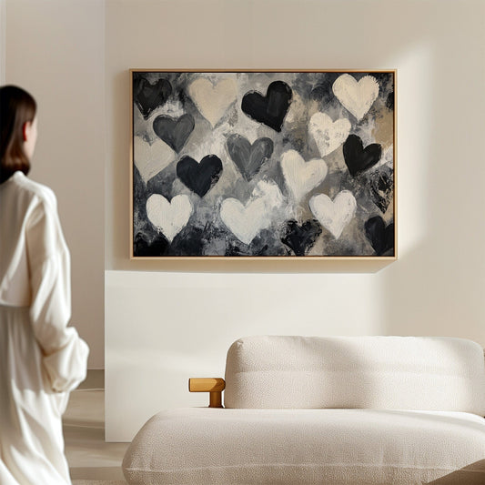 Hearts Dance Through Monochrome Mist