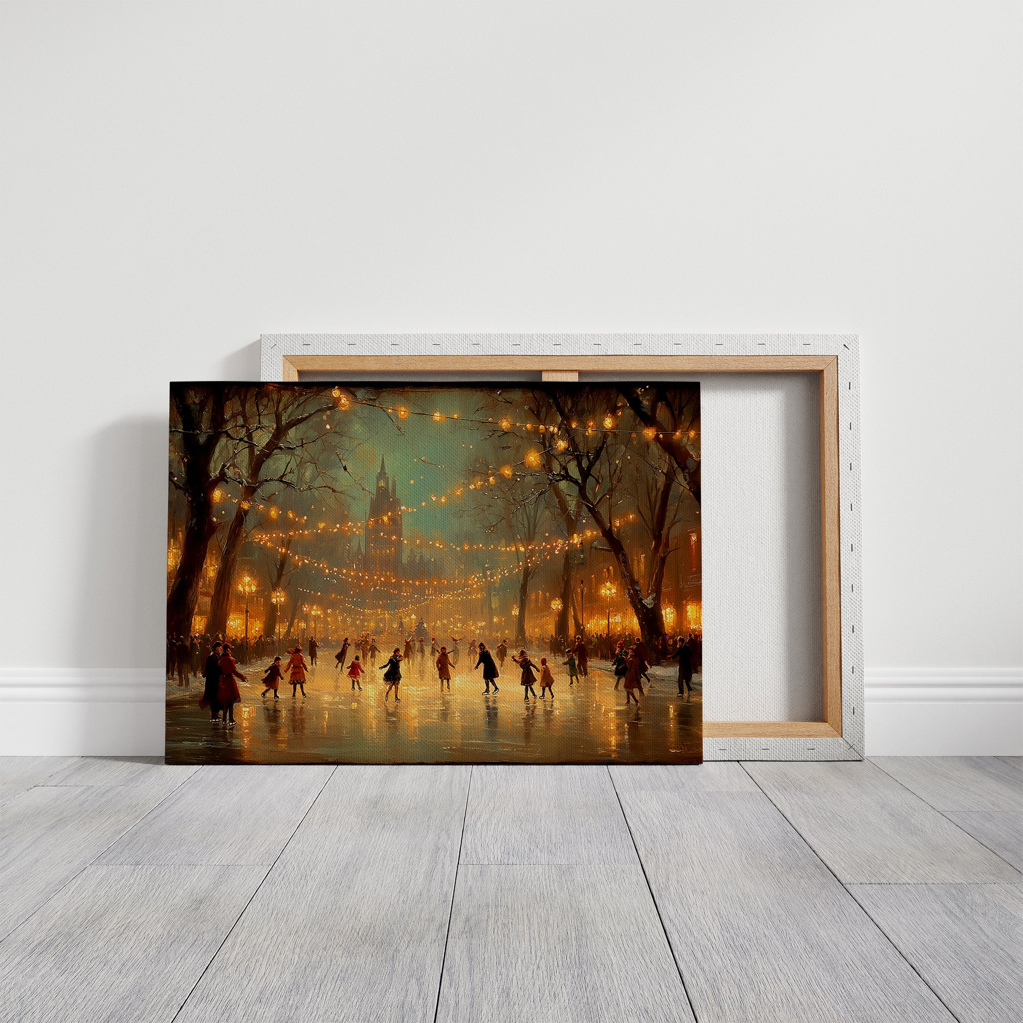 Winter Skaters Dance Under Golden Lights