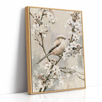 Long-Tailed Tit in Cherry Blossoms — Grey Taupe Oil Painting