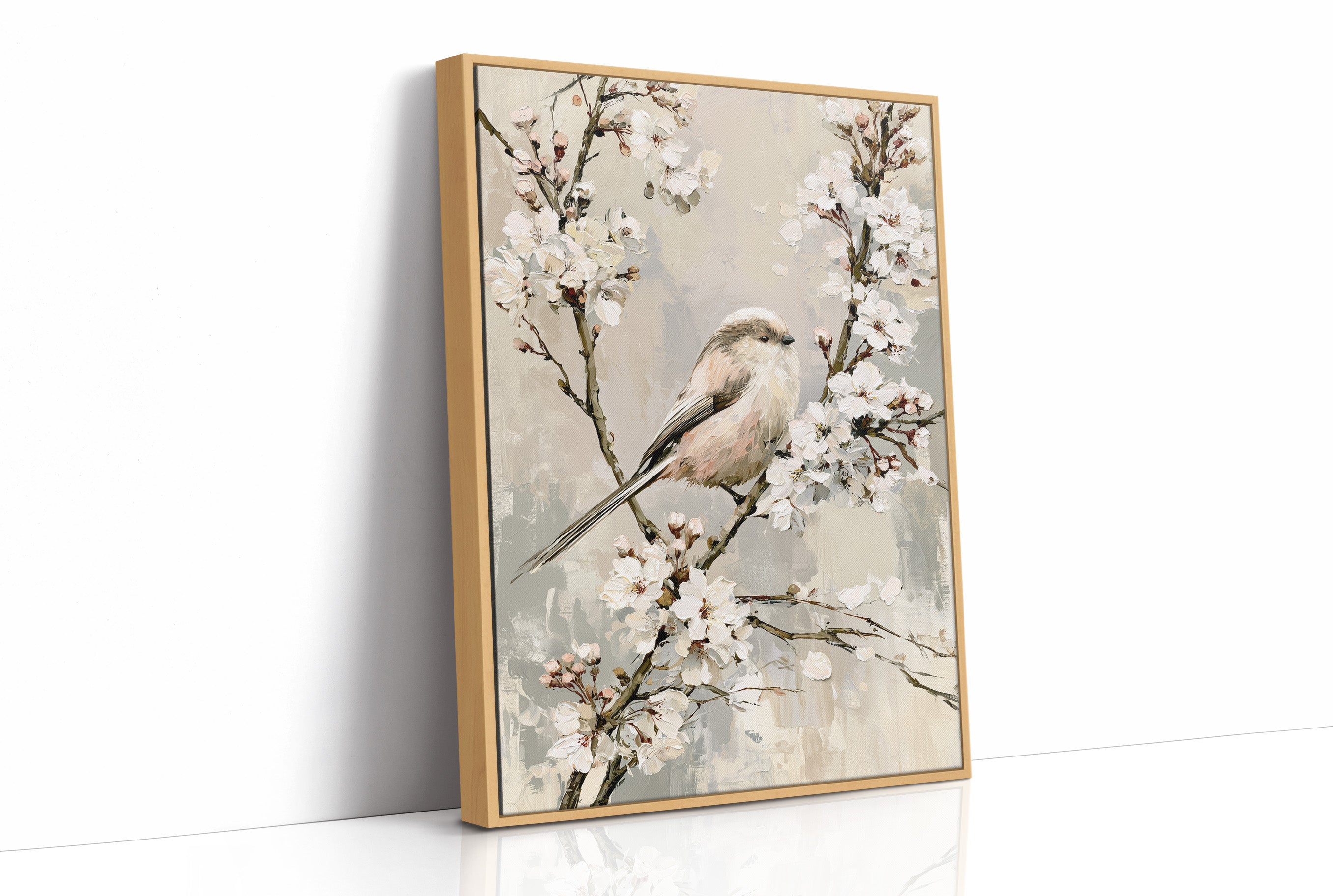 Long-Tailed Tit in Cherry Blossoms — Grey Taupe Oil Painting