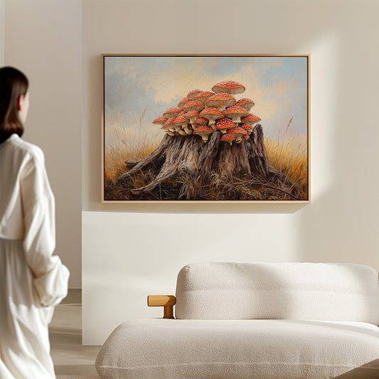 Red Mushrooms Crown Ancient Stump