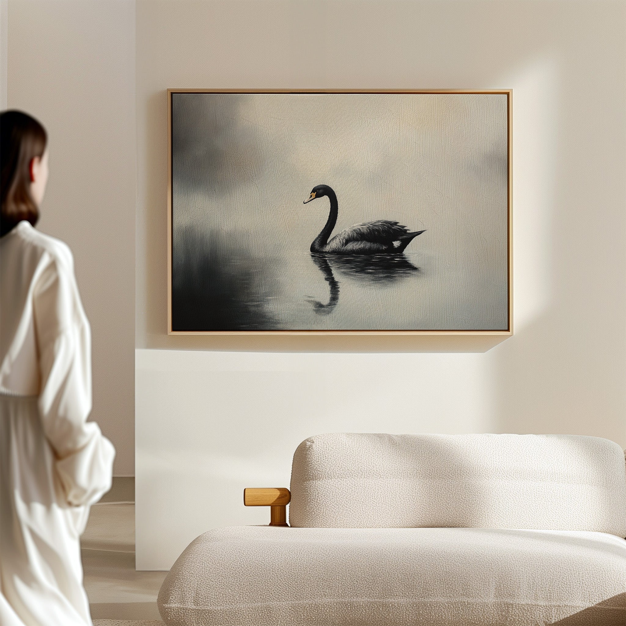 Black Swan Glides Through Morning Fog
