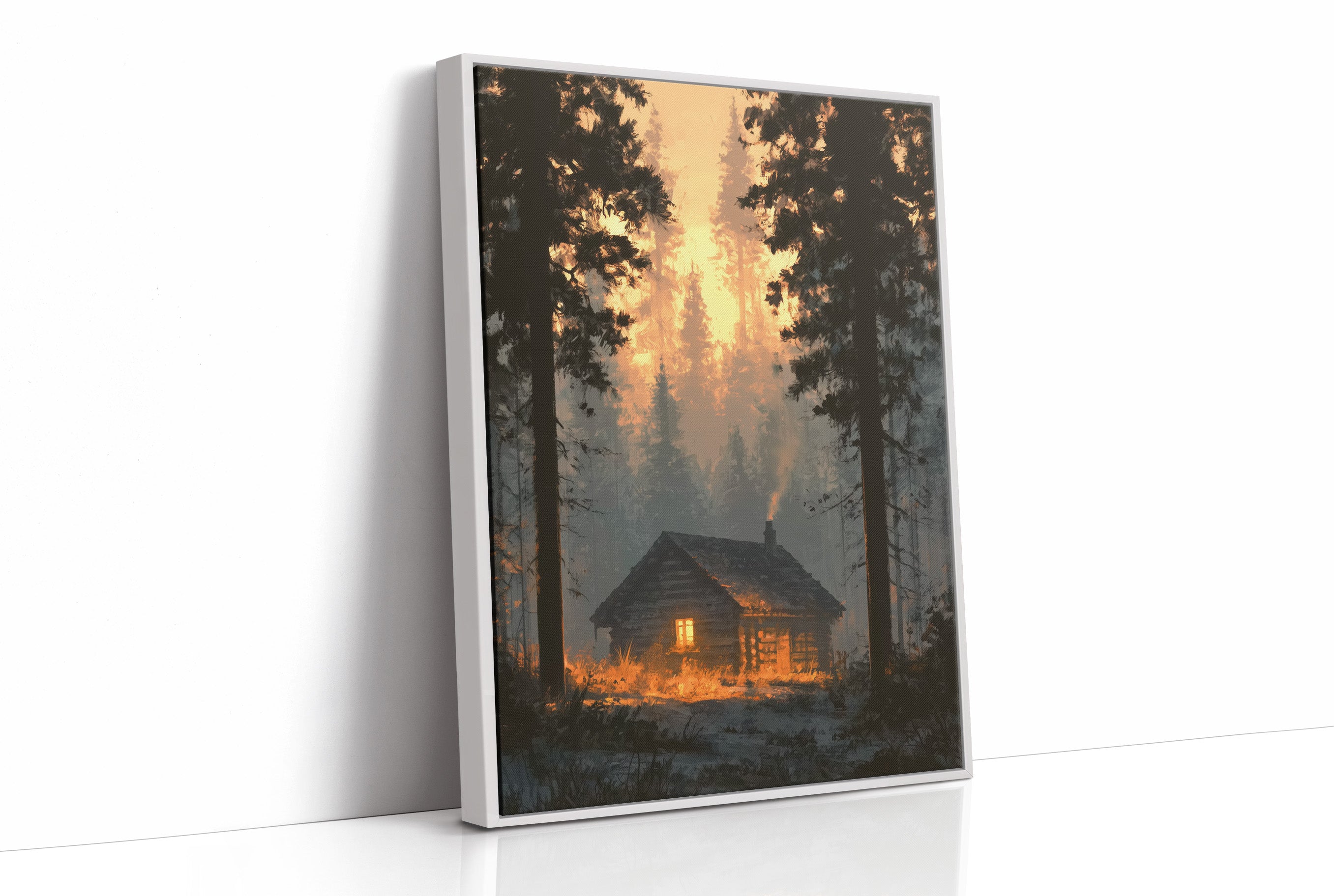 Cabin Glowing In Forest Fire Light