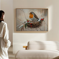 Winter Robin Perches Among Holly