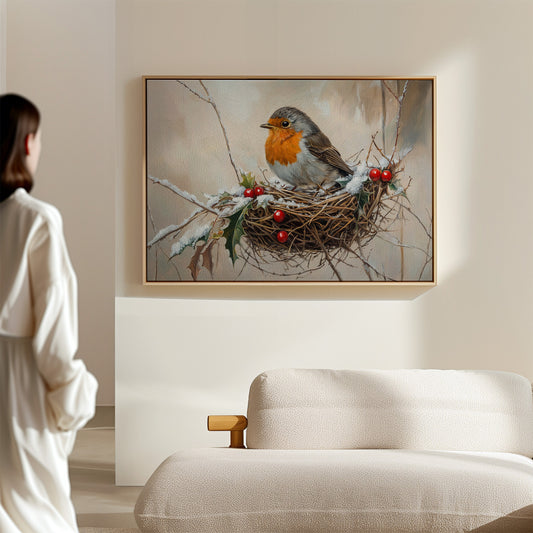 Winter Robin Perches Among Holly