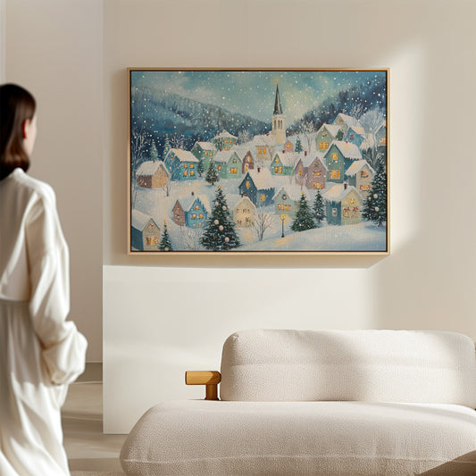 Snow Falls On Candlelit Village Windows