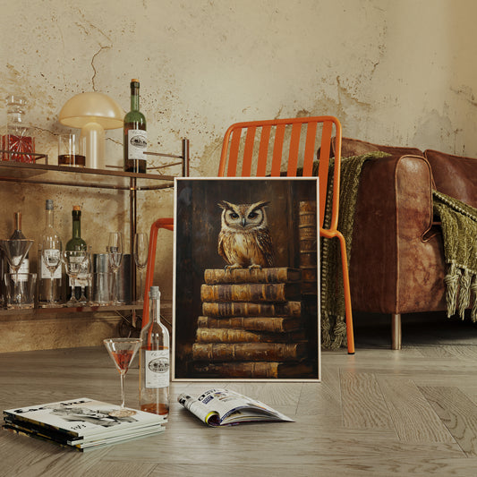 Wise Owl on Antique Books – Dark Academia Wall Art, Vintage Library Print, Scholar’s Study Decor