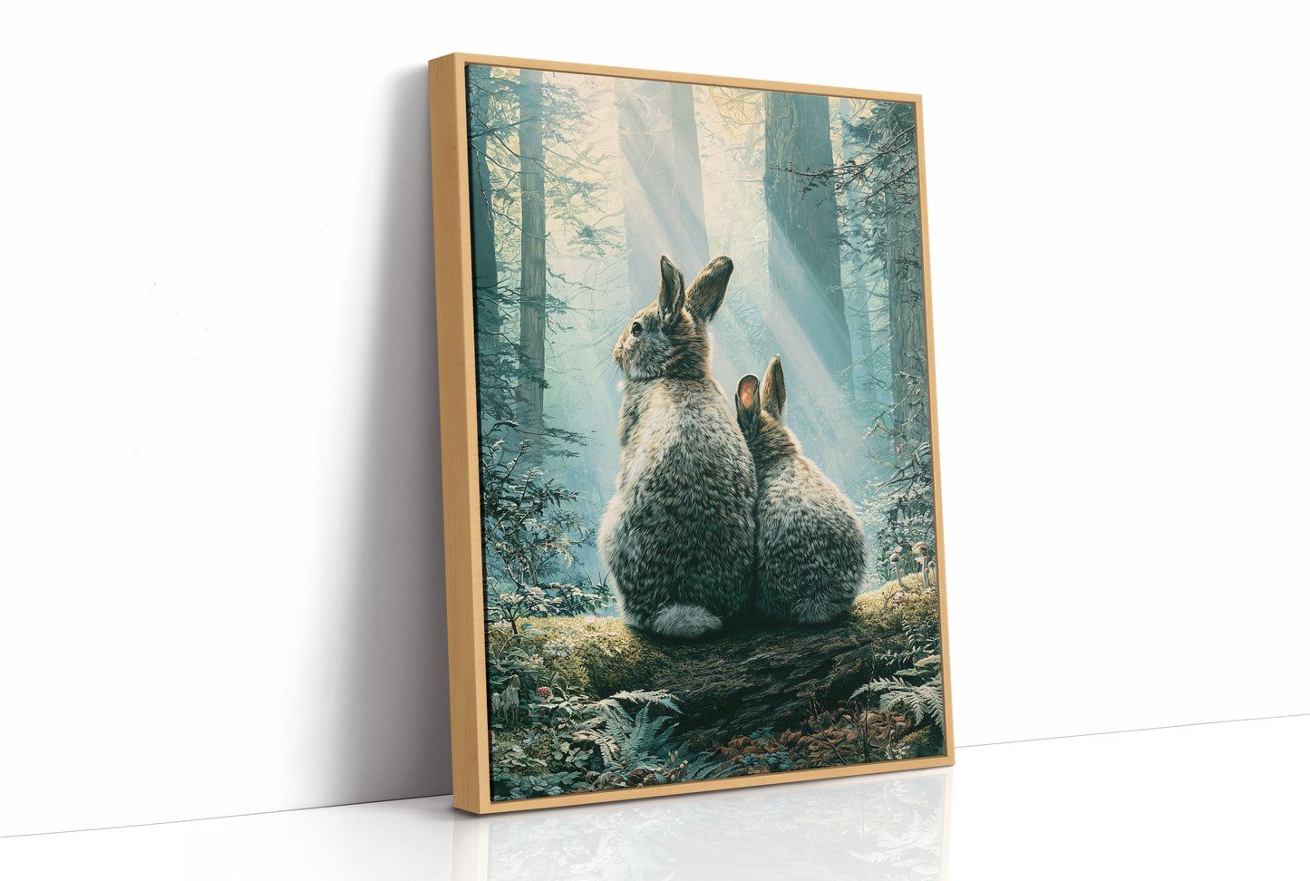 Two Rabbits in Morning Light — Forest Clearing Painting