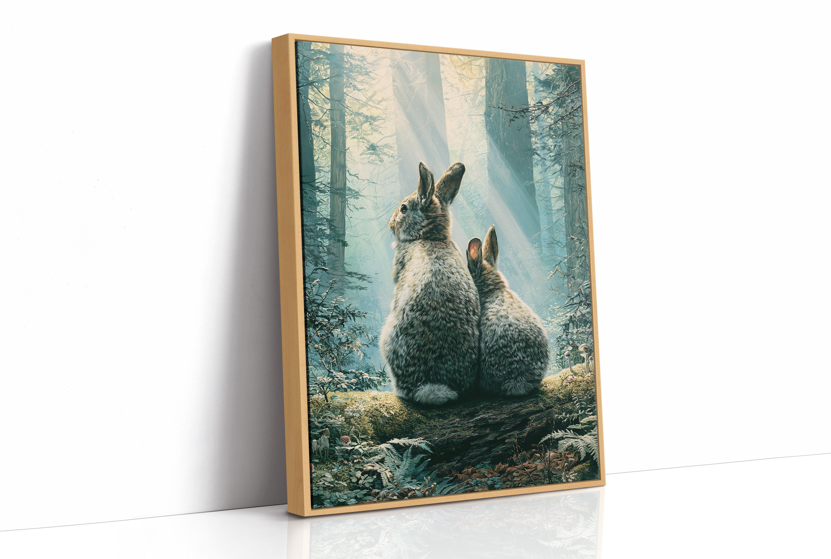 Two Rabbits in Morning Light — Forest Clearing Painting