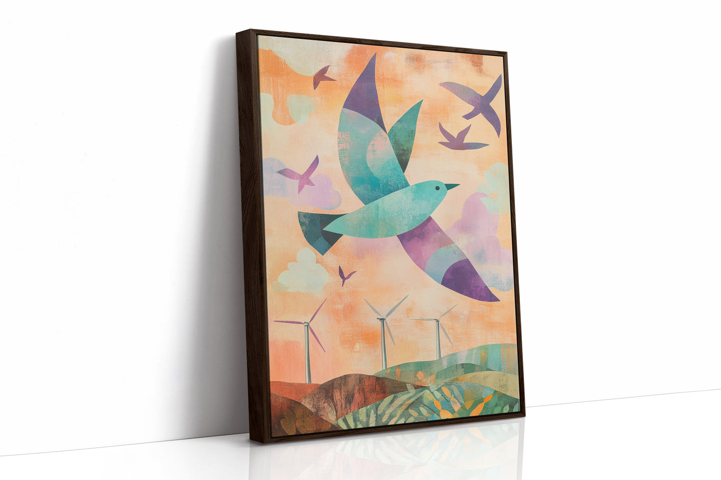 Birds Soar Above Wind Farm Dawn
