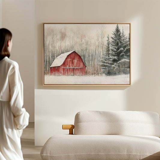 Red Barn Sleeps Among Winter Birch