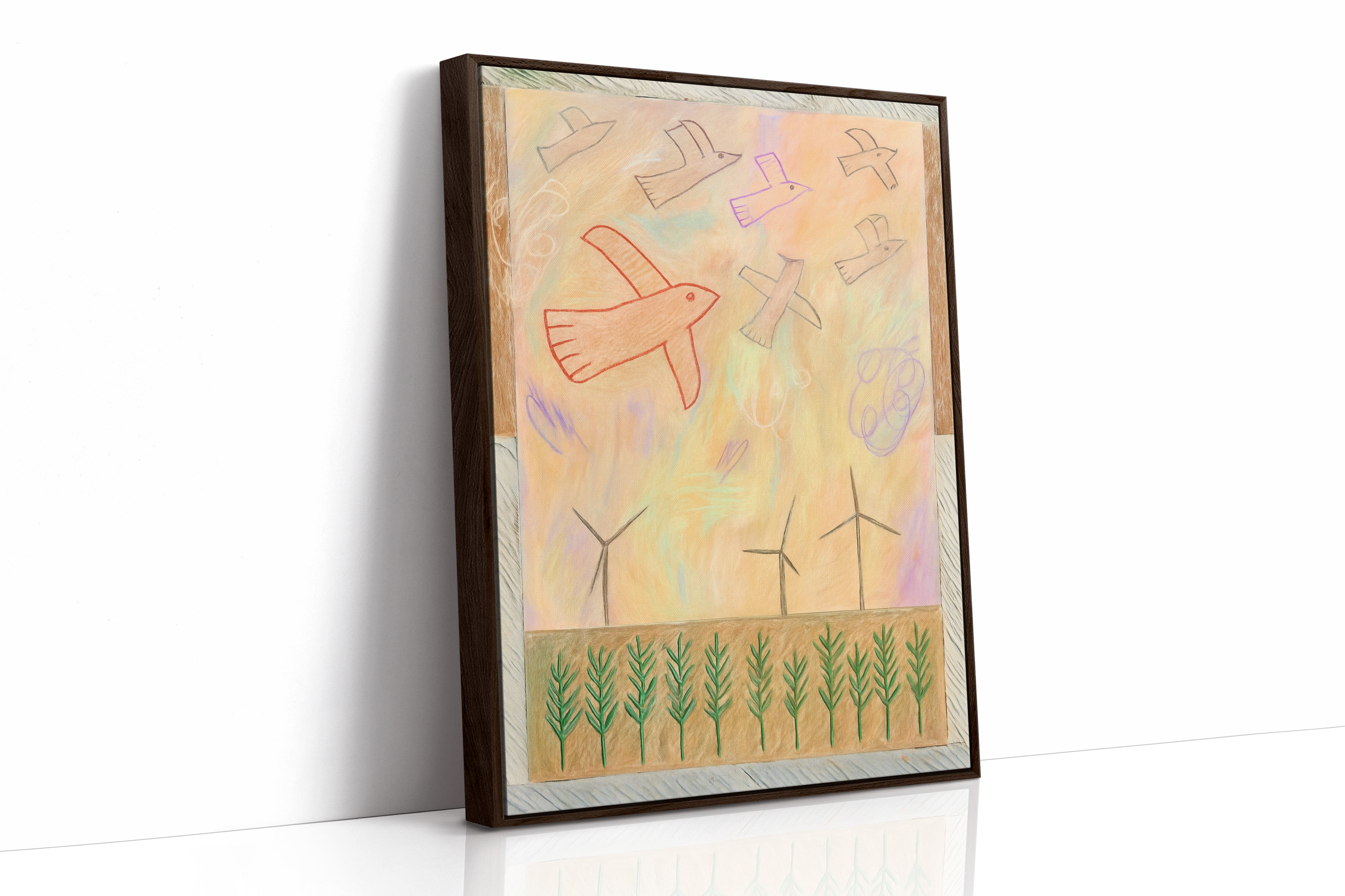 Red Bird Soars Above Wind Fields