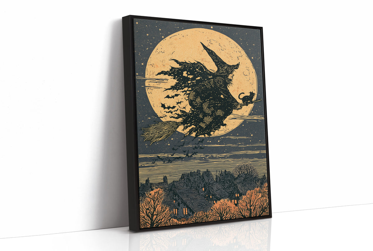 Broomstick Silhouette Over Village