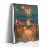 Fireworks Over Flag-Lined Beach Path