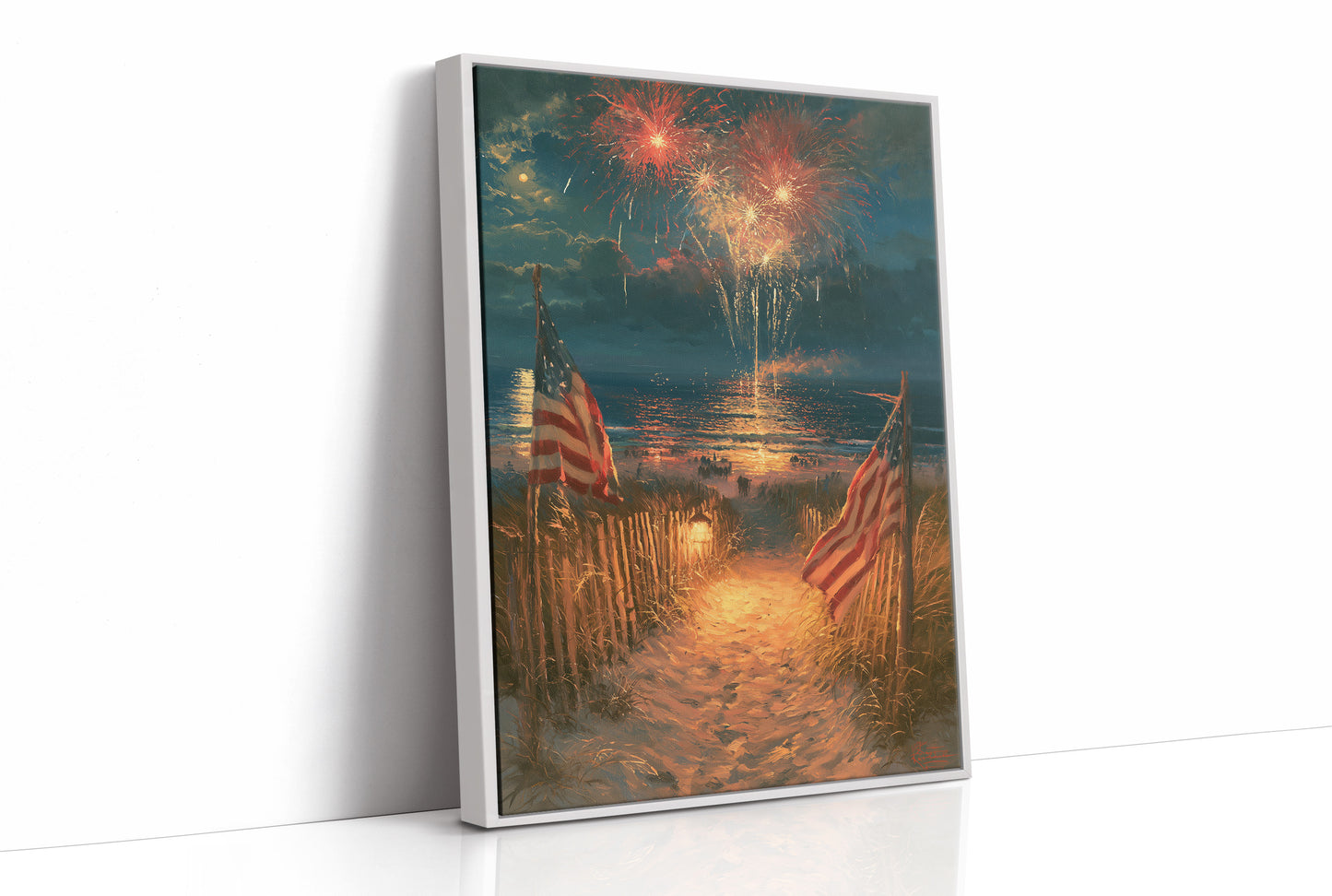 Fireworks Over Flag-Lined Beach Path