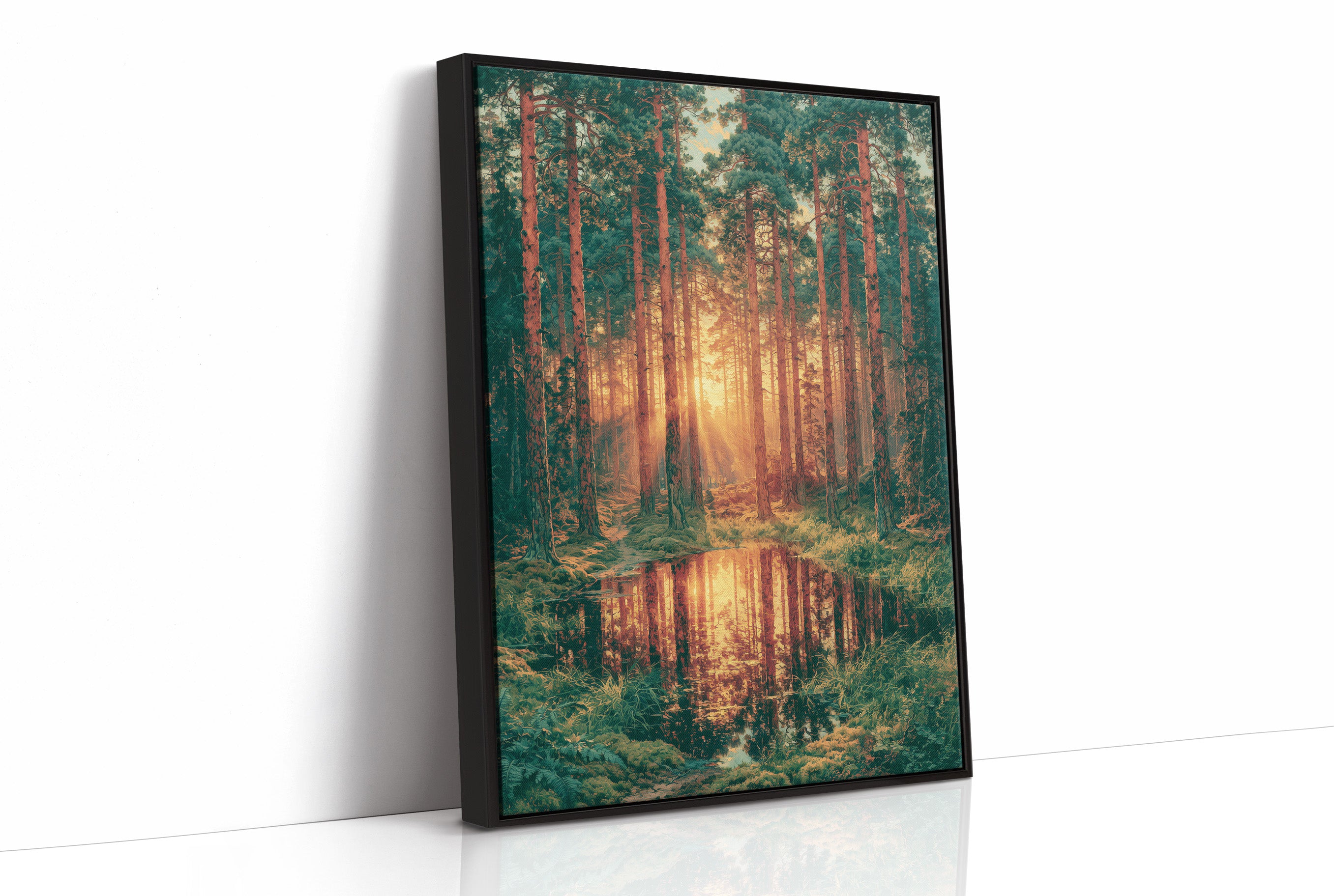 Golden Hour Reflections: Pine Forest at Sunset