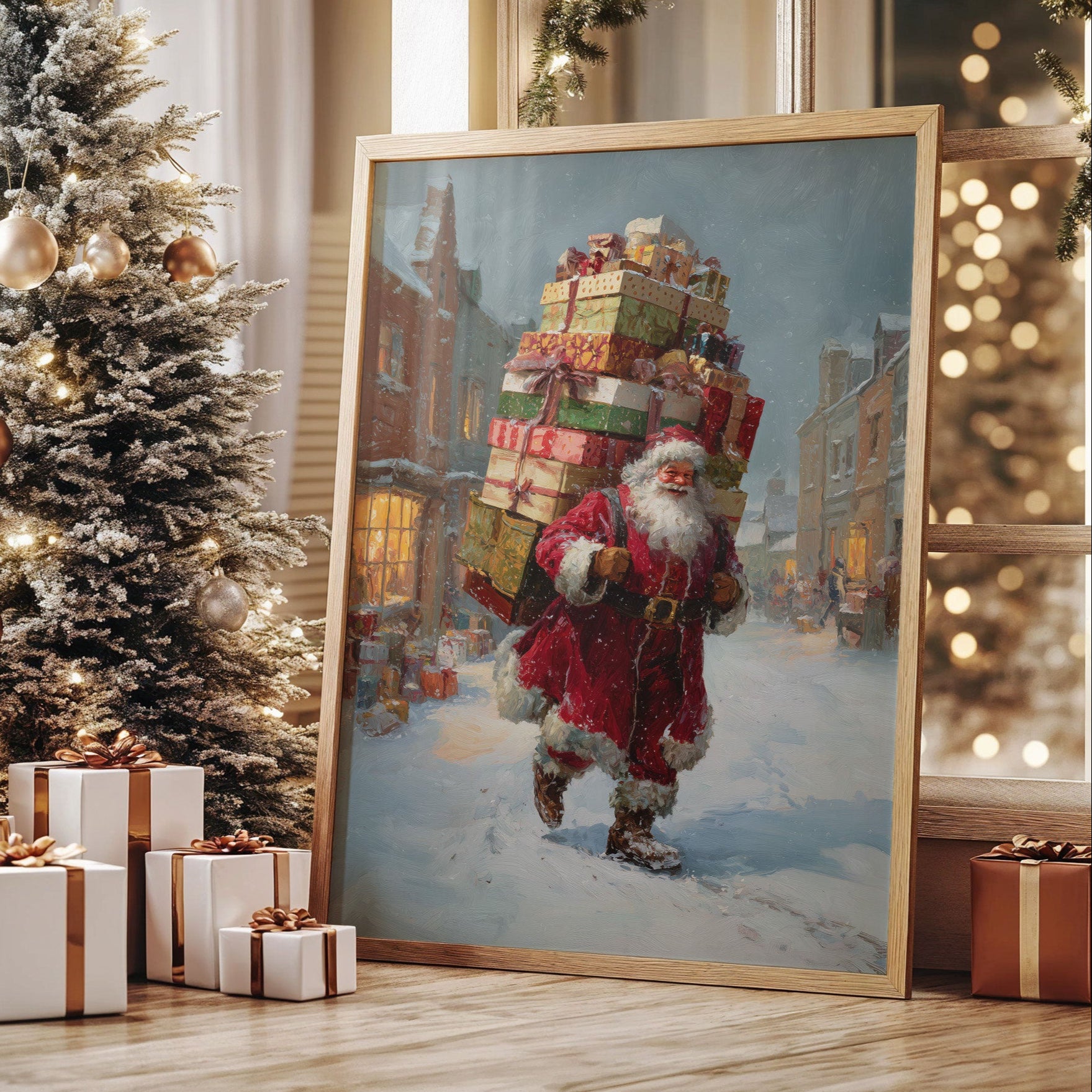 Gifts Tower Above Snowy Streets