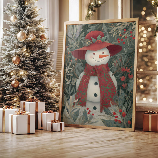 Winter Garden Snowman Wears Red
